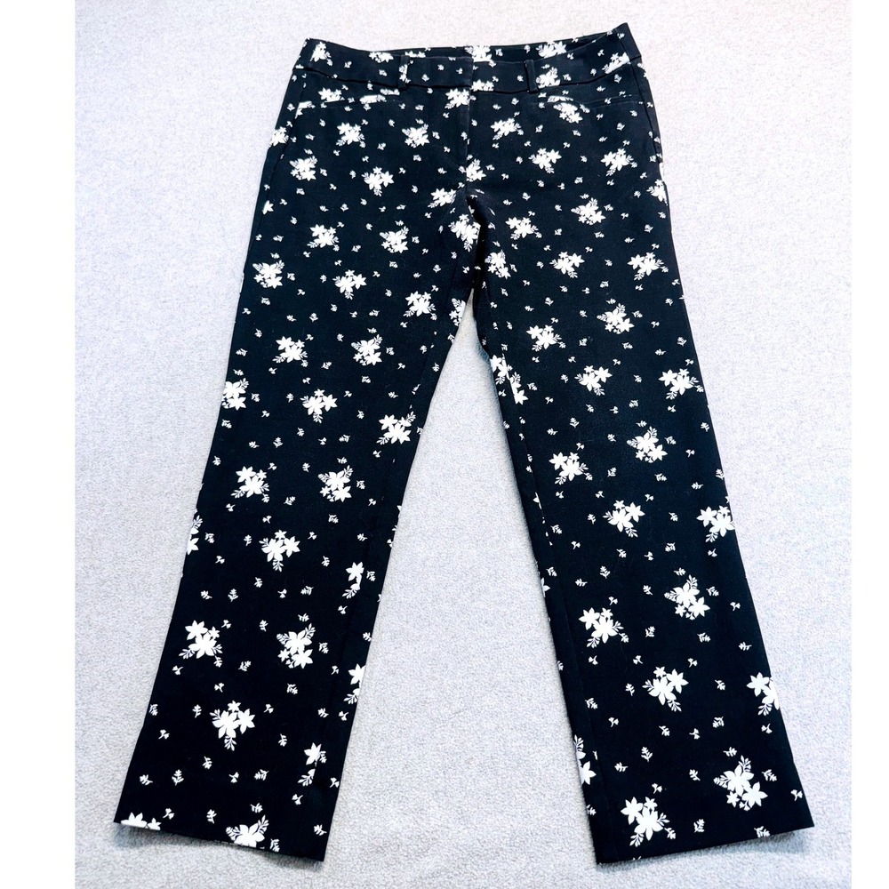 LOFT Marisa Riviera Pants Womens 8 Black White Floral Straight Leg Mid Rise